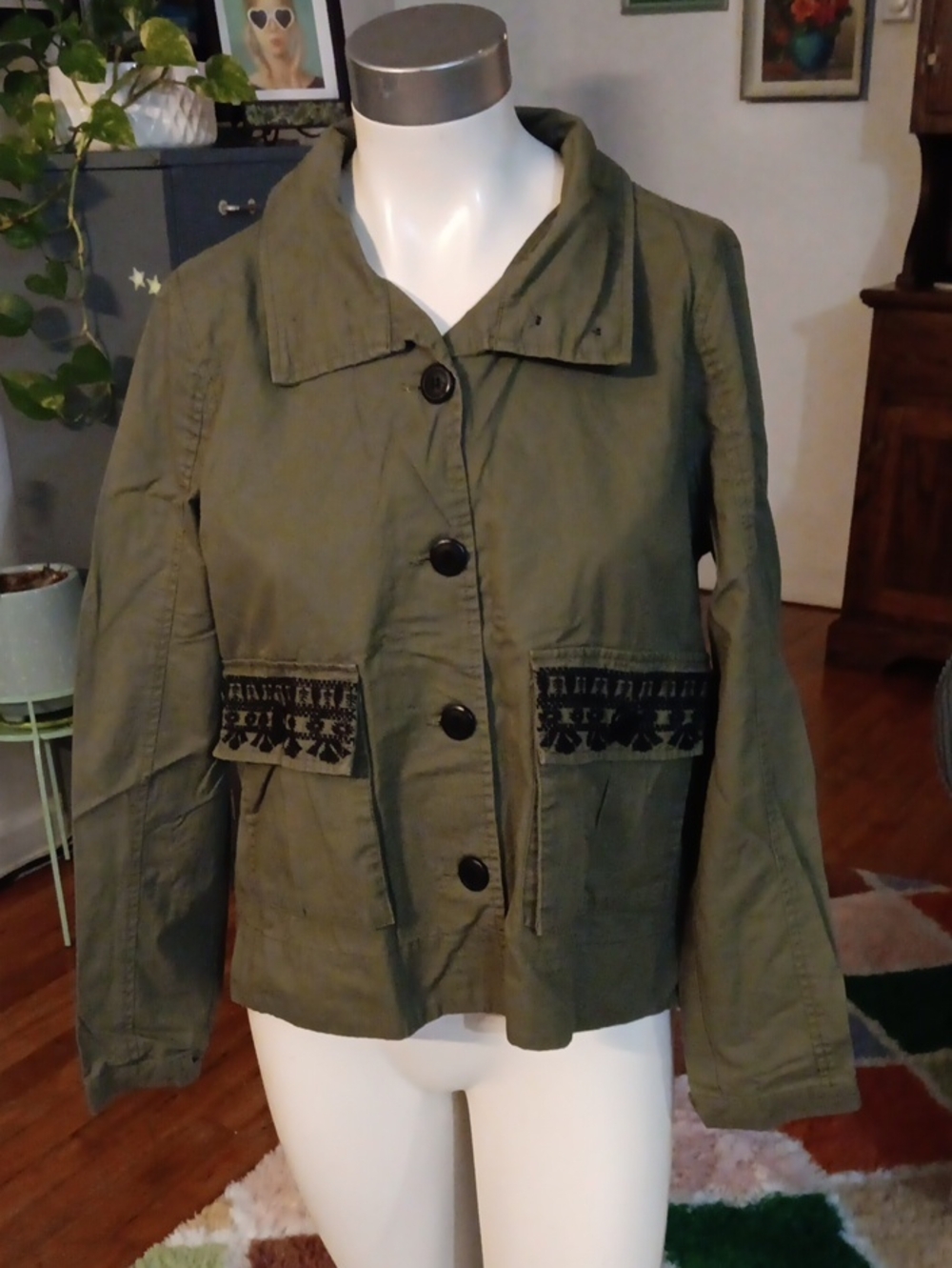 Jolt Olive Green Button-Front Jacket with Embroidered Pocket Trim